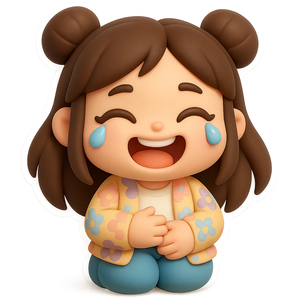 3D chibi style mochi girl, high-quality rendering with smooth shadows and soft gradients, long brown hair in two space buns, brown eyes, jeans, pastel floral cardigan, thick white outline like a sticker, transparent background, laughing to tears, holding her belly, preserve facial features from reference image emoji