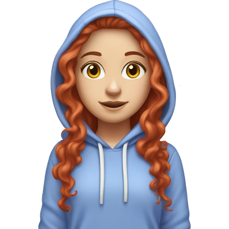 a white girl with long red curly hair, wearing a pastel periwinkle hoodie doing a pose emoji