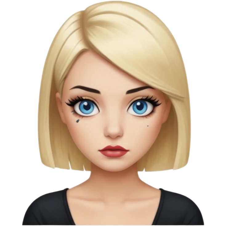 Edgy Woman, Blonde hair Medium blunt bob, blue eyes, makeup Smokey lid with doe lashes, fuller glossy lips, tattoo on arms, wearing black emoji