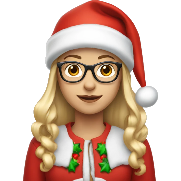 girl wearing Christmas clothes, with long blonde hair, glasses and red santa hat  emoji