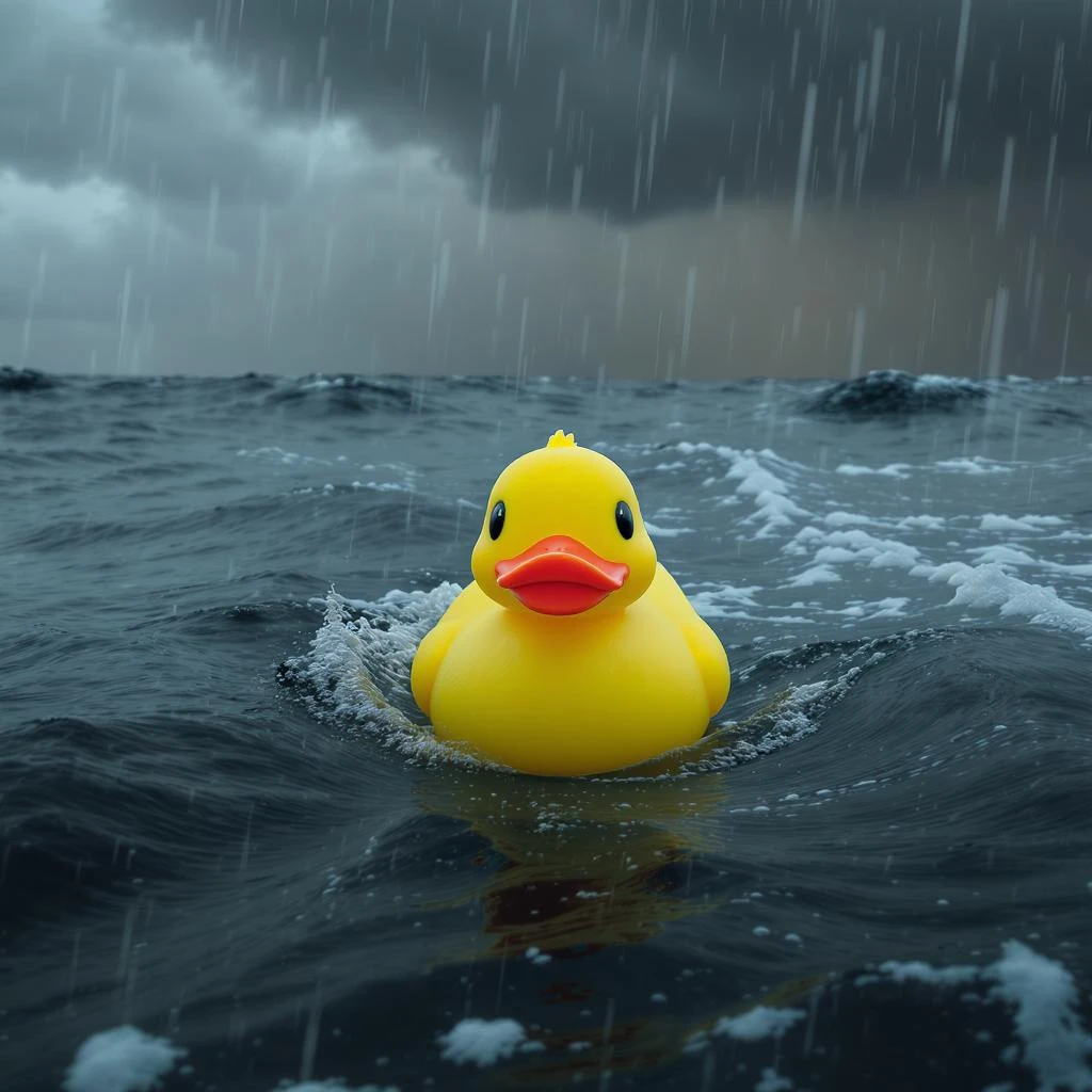  Extreme Closeup shot of Yellow duck toy on ocean during cloudy day, stormy sea, Camera from top, inspired by interstellar emoji