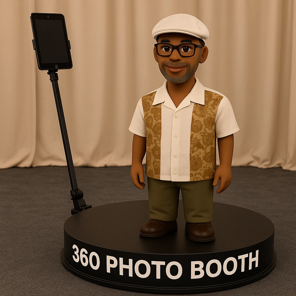 Place the emoji of a light-skinned African American man with a Kangol hat, glasses, and grey beard stubble on a 360 photo booth setup. The iPad should be clearly visible as the camera, positioned naturally and proportionately as the camera of the booth. The man should be standing on the booth platform. Ensure the lighting and shadows are consistent with a typical event setting, making the scene look natural and realistic. emoji