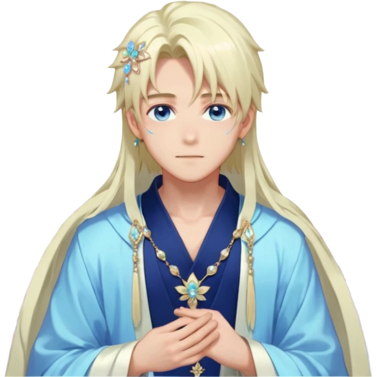 Beautiful gorgeous blushing blue-eyed youthful handsome anime guy with beautiful iridescent-pastel-whitish-special-medium-long-hair, fashion aesthetic, ethereal, fairycore, pastelcore, flower petals, crystals, layered robes, accessories, jewelries, gold, colorful, shiny, trending style, outside emoji