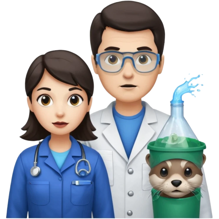an otter disguised as a woman garbage collector next to a white man mad scientist with dark hair emoji