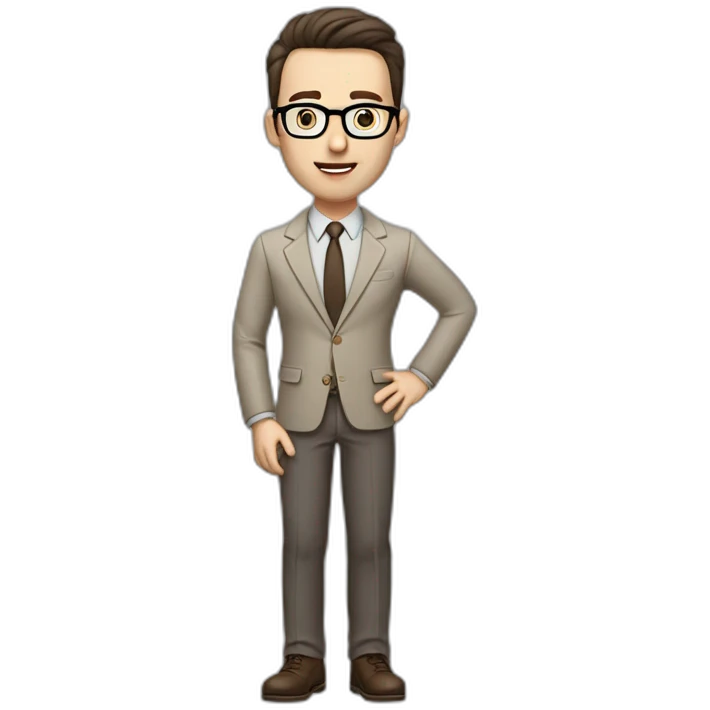 Full height Gesticulating Pale skinned fit man with dark brown hair in gray jacket, beige office shirt, brown tie, brown pants and vintage glasses. emoji