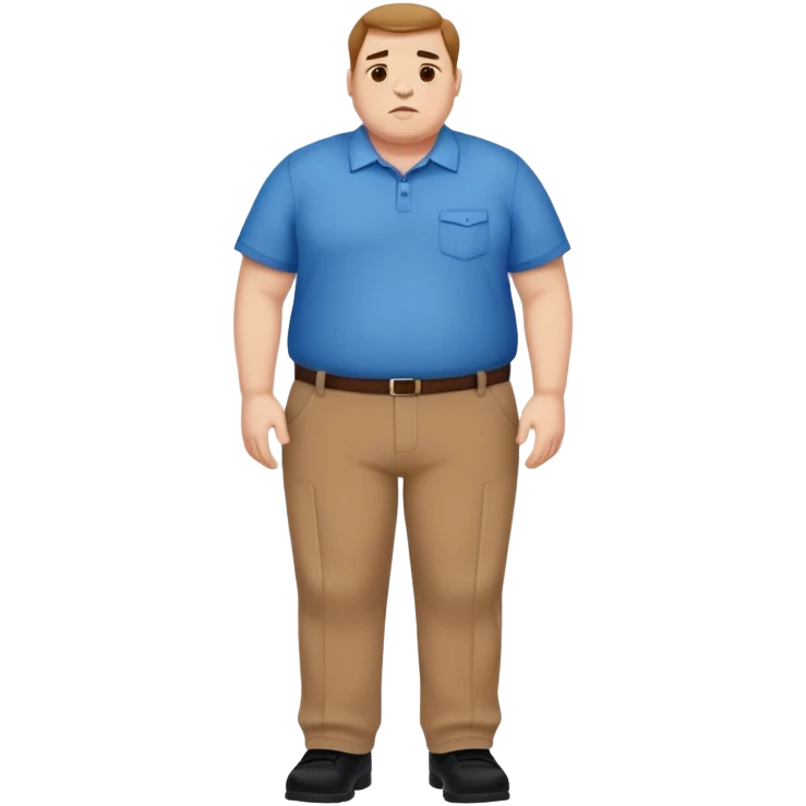 A man in a blue shirt, brown pants, and black shoes who is overweight. emoji