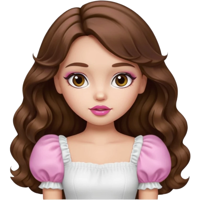 generate a pretty bratz girl with in a white puff sleeve top. Pink lipgloss. Brown wavy hair long.  emoji