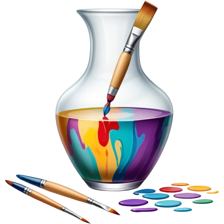 Glass painting icon, colorful brushstrokes on a glass vase, intricate painted patterns on the surface, visible fine paintbrush and palette beside it, no liquid inside the vase, minimalistic style, clean lines, transparent background. emoji