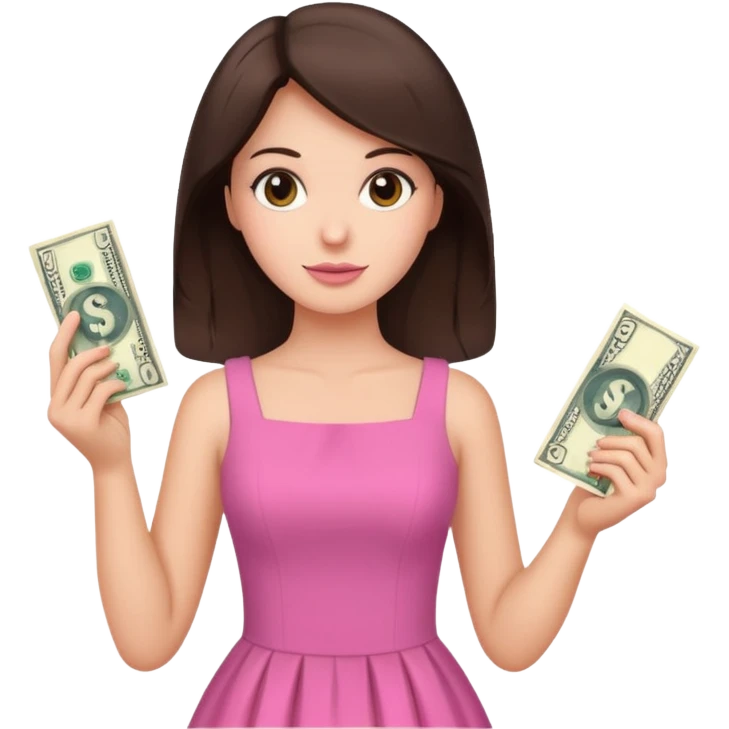 brunet Woman with pink dress holding dolar emoji