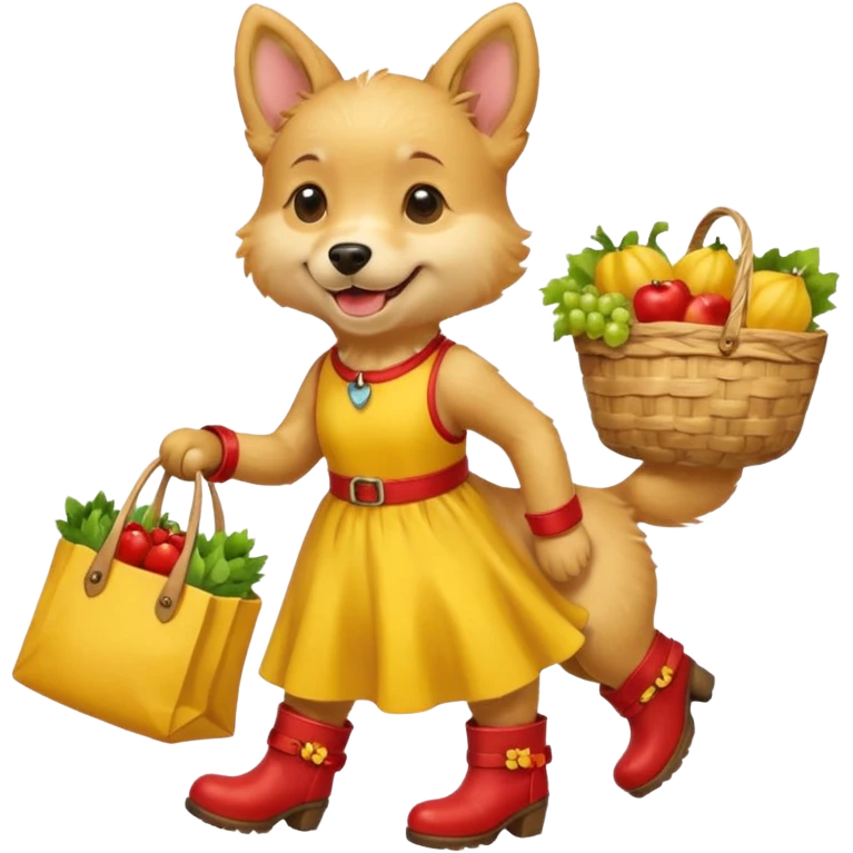 smiling-dog-in-a-yellow-dress,-red-boots,-carrying-a-market-bag emoji