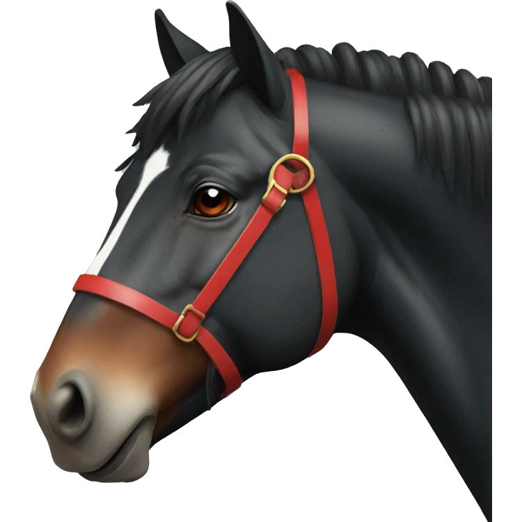 a black horse with a white stripe on its nose and red strands in its mane emoji