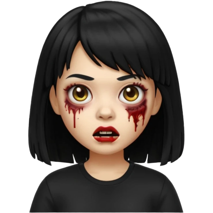 A zombie girl in Apple Memoji format with HUGE, straight black hair with bangs, wearing a black shirt. emoji