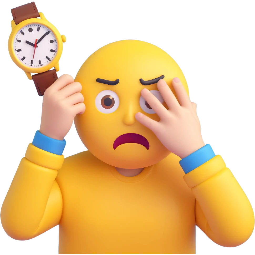 A yellow emoji face with a worried expression, looking at a wristwatch with raised eyebrows, showing urgency and stress emoji