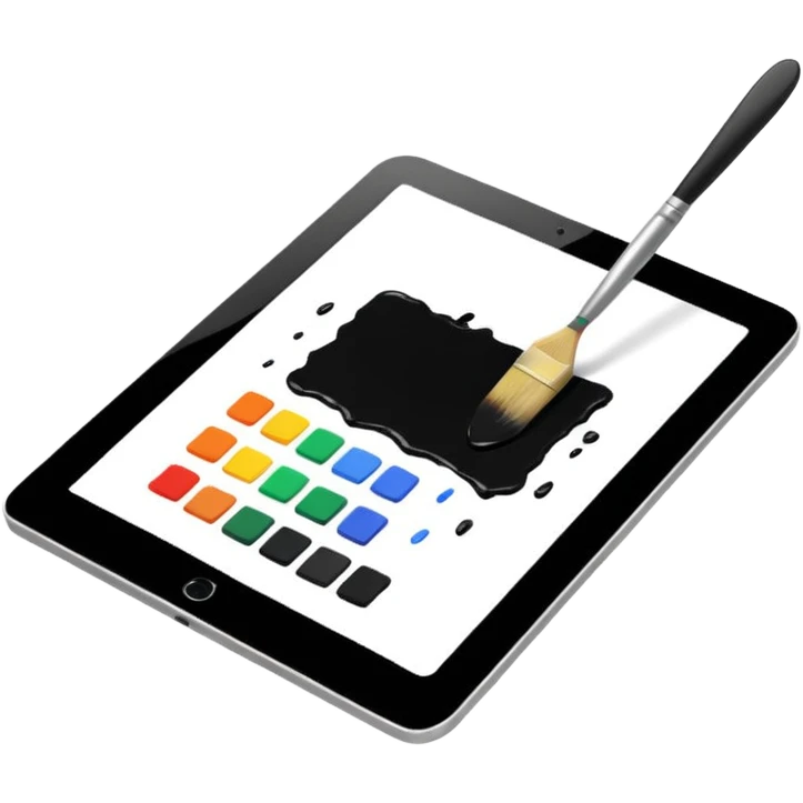 A simple graphic for digital art. A tablet dissolving into pixels with a paint brush or a pallet overlaid. No gradients. Just black on white. emoji