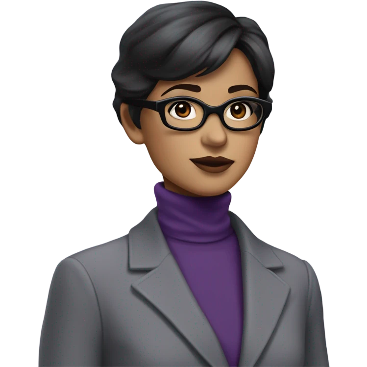 Tv show young Diana Prince wearing grey suit with silk voile purple turtleneck and black eyeglasses  emoji