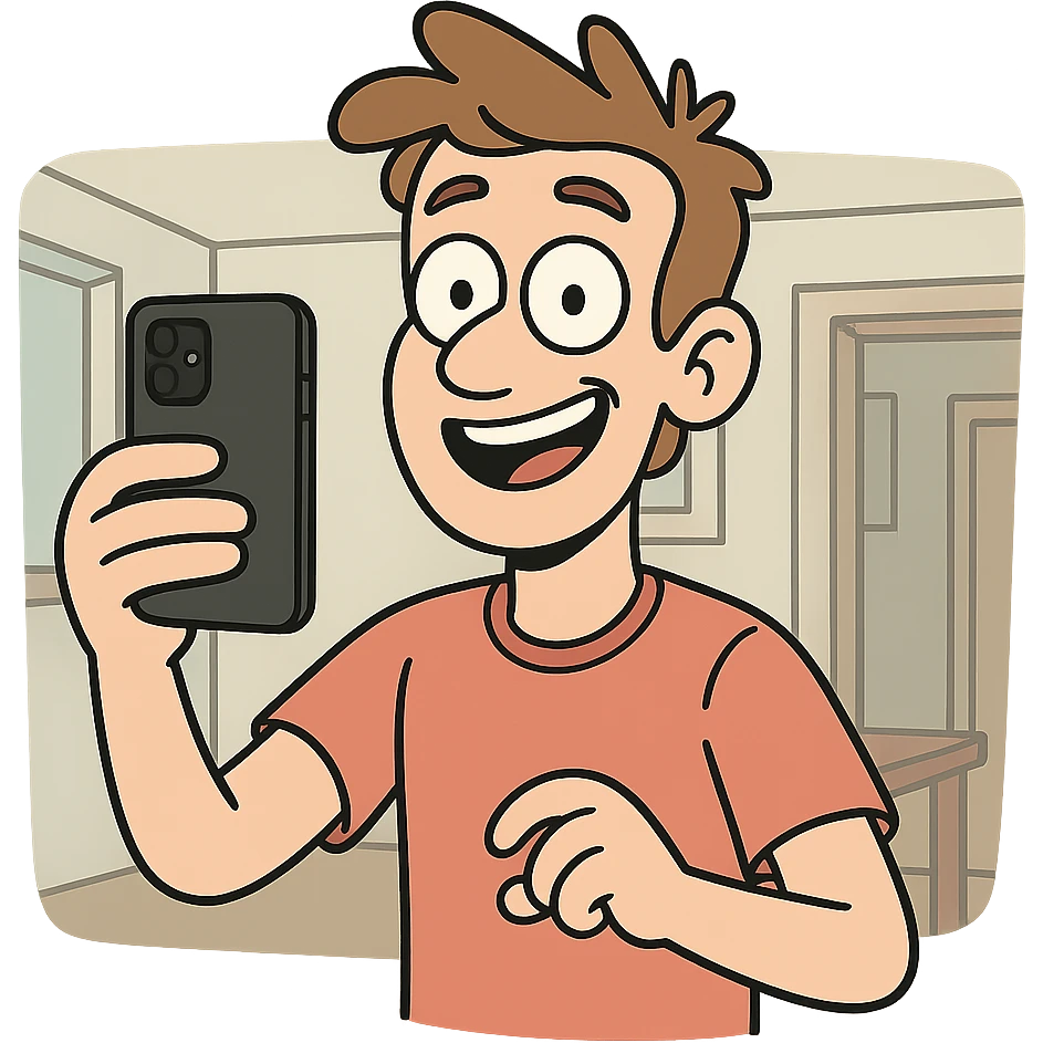 smiling guy taking a selfie indoors, cartoon style emoji