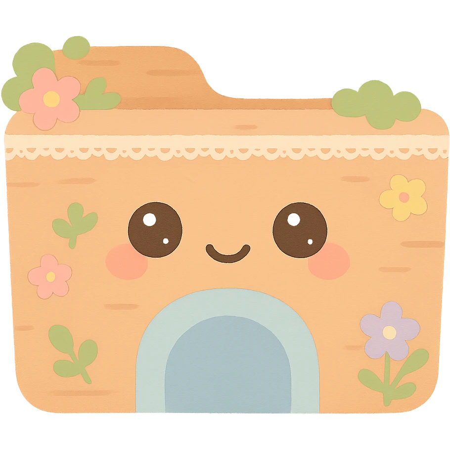 File Explorer icon inspired by cottagecore: folder with a blue archway at the bottom, made of wood and fabric, adorned with moss, tiny flowers, and lace, cozy rustic style, no text emoji