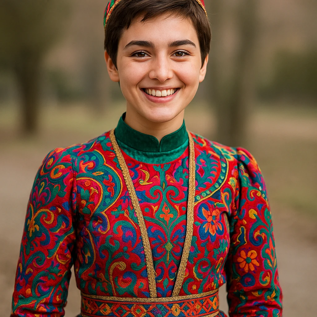 20-year-old Chechen girl with short brown hair, in a colorful Chechen dress, standing and smiling emoji