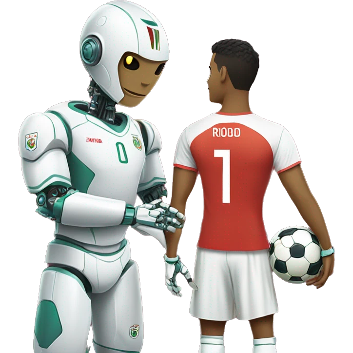 football player Ronaldo in a Portuguese national team T-shirt and next to him a robot shakes his hand emoji