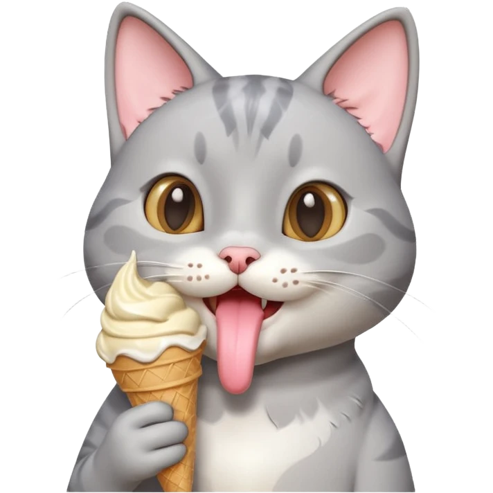 cute gray cat portrait, head and shoulders only, licking an ice cream cone, funny happy expression, 3D cartoon, mobile game icon style, clean background, no text, no watermark
 emoji