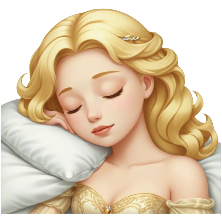 Cinematic Realistic Sleeping Cinderella Portrait, portrayed with exceptional realism: her luminous porcelain skin and exquisitely detailed golden-blonde hair lie softly under the gentle caress of natural light. Her eyes are peacefully closed in a serene, dreamlike slumber, and every fold and shimmer of her iconic ball gown is rendered with painstaking detail. The overall composition radiates a quiet, enchanting glow that encapsulates the timeless, restful beauty of a princess lost in a gentle, magical dream. emoji