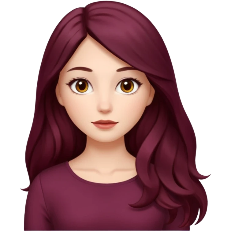 young white woman 
brown almond eyes
Long waist-long hair, center parted
slightly wavy
dark burgundy hair\ emoji