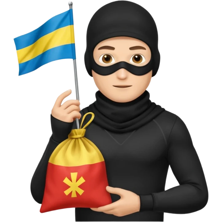 создай реалистичного белого украинца в черное одежде и черной балаклаве и в руках большой мешок денег с флагом украины на нем emoji