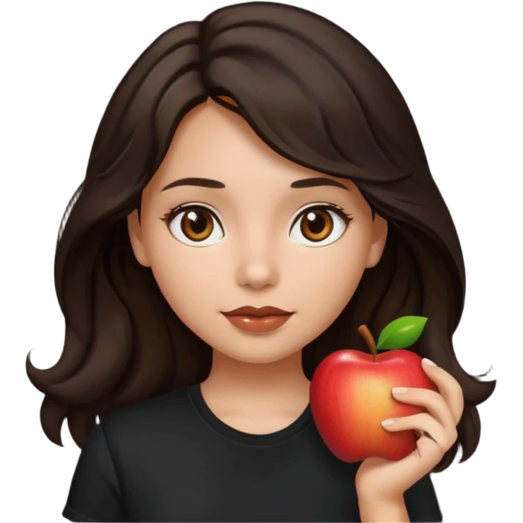 emoji of a girl with dark brown wavy straight hair, brown eyes, brown lips, slightly morena skin, wearing a black t-shirt, apple emoji style emoji