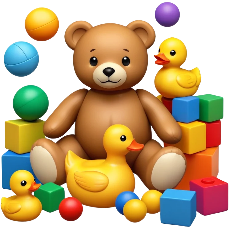 Colorful toys scattered together - teddy bear, rubber duck, toy blocks, ball, and action figures emoji