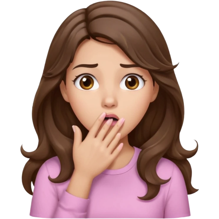 girl with wavy long brown hair, brown eyes, light to medium complexion, long lashes, light pink lipstick, wearing light pink shirt, shocked, hand covering mouth emoji
