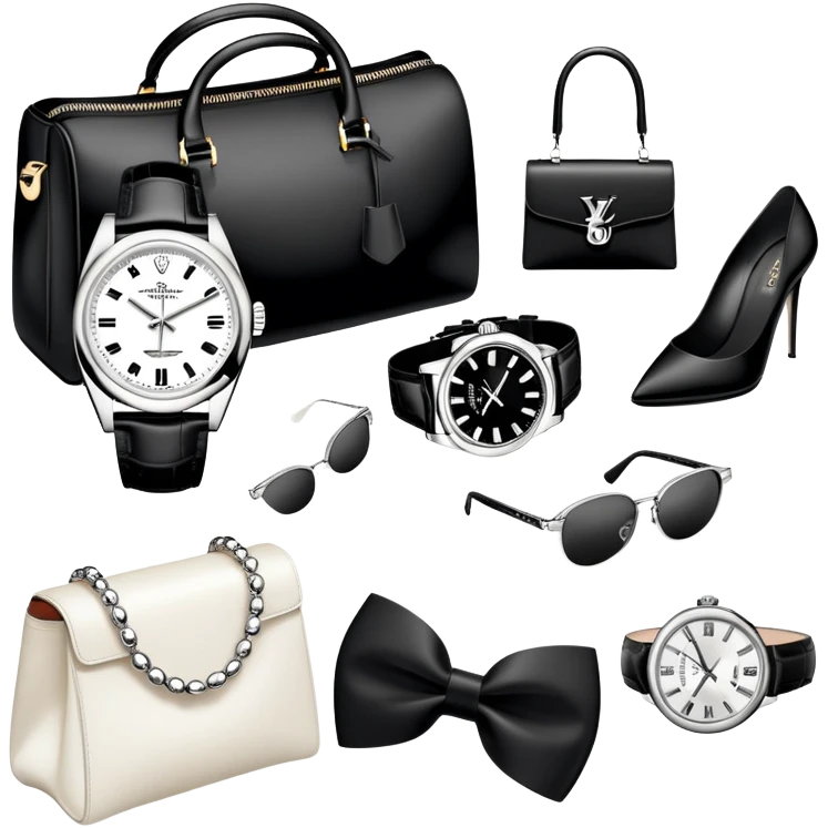 1 bag and 1 watch, and 1 glasses, 1 pair of shoes, and 1 watch rolex, all BLACK AND WHITE AND SILVER OR WHITE PLATED GOLD put together like a bundle with no face, all luxury items like lv and prada, and rolex, and balenciaga emoji