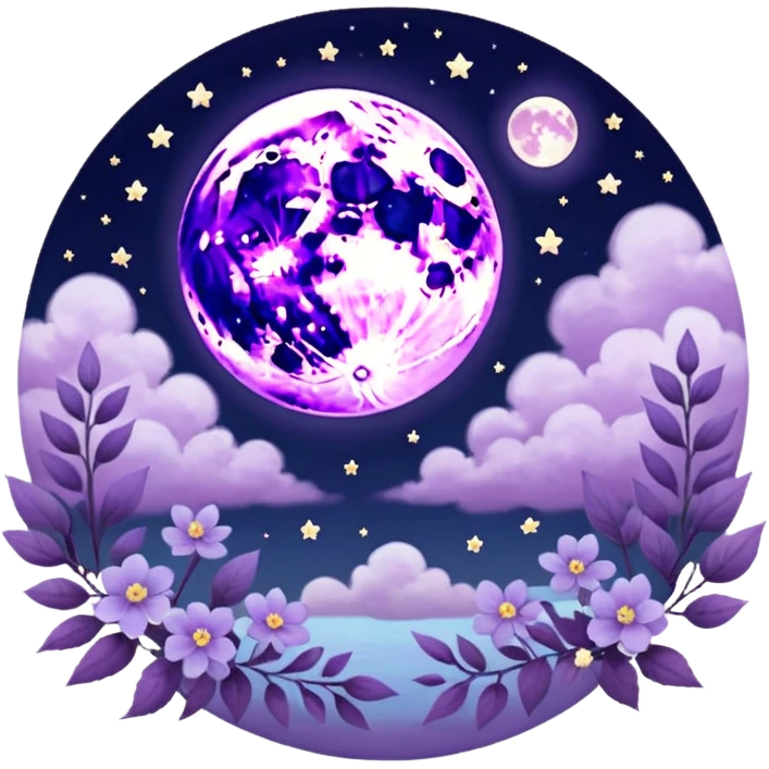 Beautiful poetic ethereal romantic magical aesthetic shiny pretty floating pastel lilac lavender Violet full moon and flowers and leaves aesthetic pastel clouds scenery  emoji