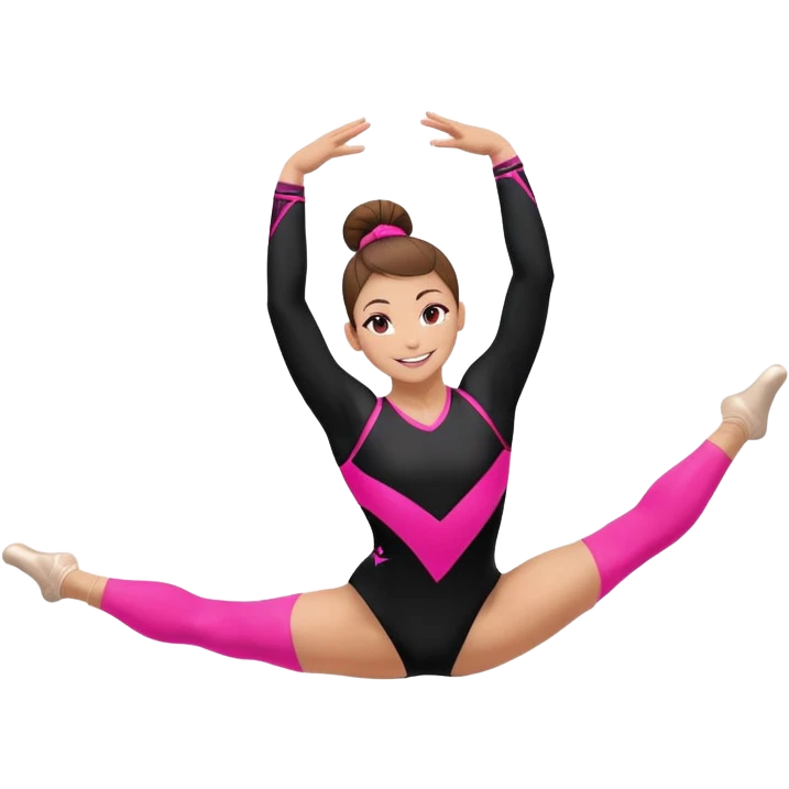 Happy female gymnast with brown hair in a neat bun, wearing a black uniform with neon pink elements, performing an acrobatic move. A female gymnast with brown hair in a neat bun, wearing a black uniform with pink elements, performing an acrobatic move. emoji