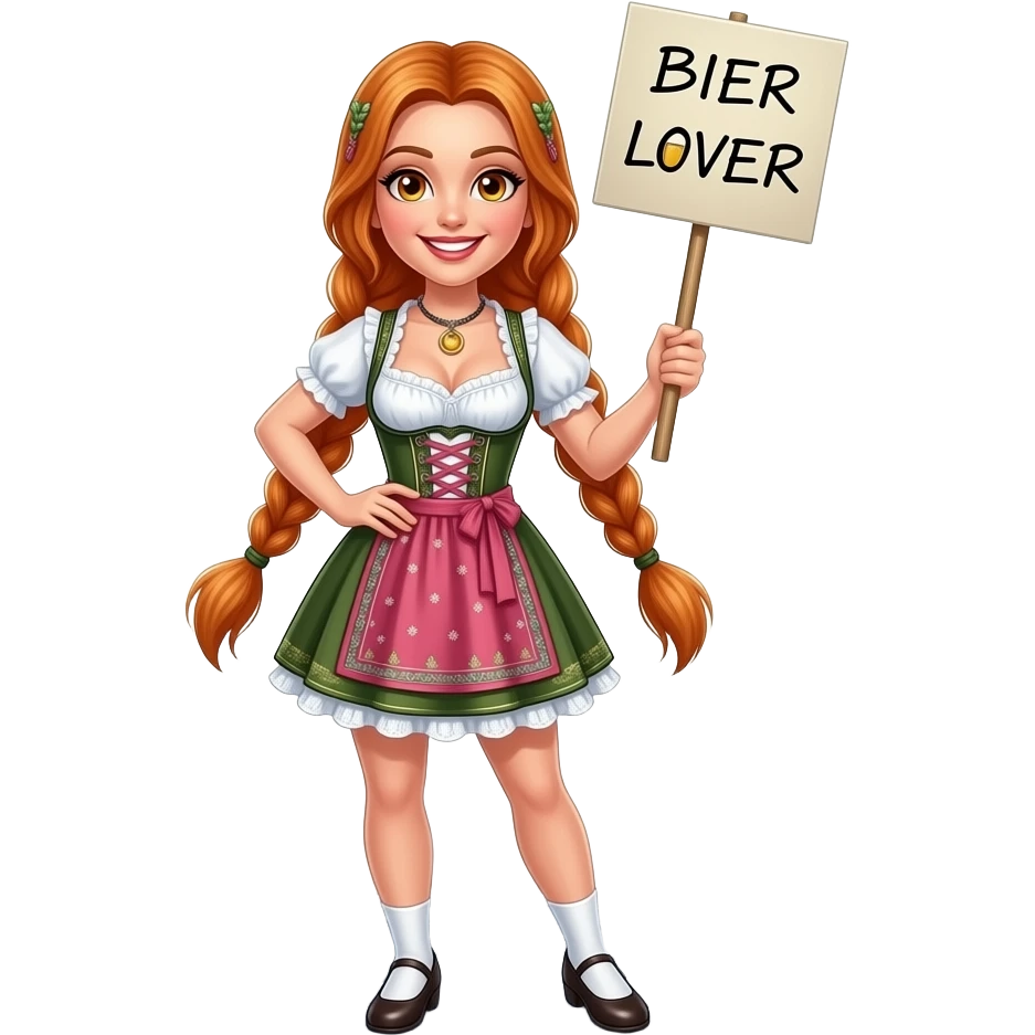 sexy girl with overlong ginger hair in braids and ginger eyes wearing a dirndl holding a BIER LOVER sign emoji