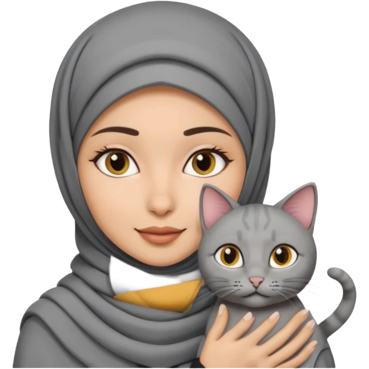 wanita berhijab warna abu abu dengan 1 kucing emoji