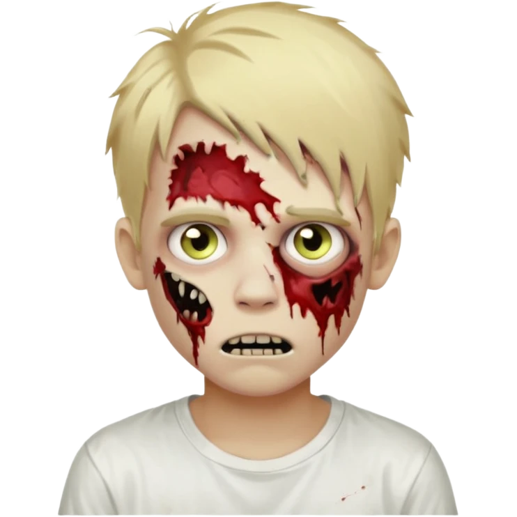 create boy blonde hair long messy, light eyes, white t shirt, style zombie emoji