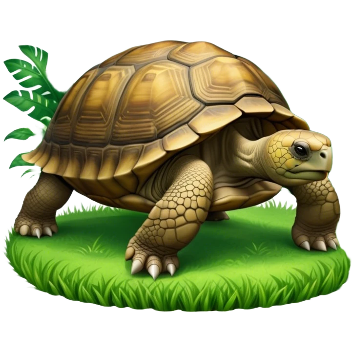 Giant tortoise walking slowly through lush green grass, surrounded by trees and tropical plants. Its large, textured shell gleams in the sunlight, and the peaceful, natural environment adds a sense of tranquility. Transparent background, emphasizing the tortoise’s majestic size. emoji