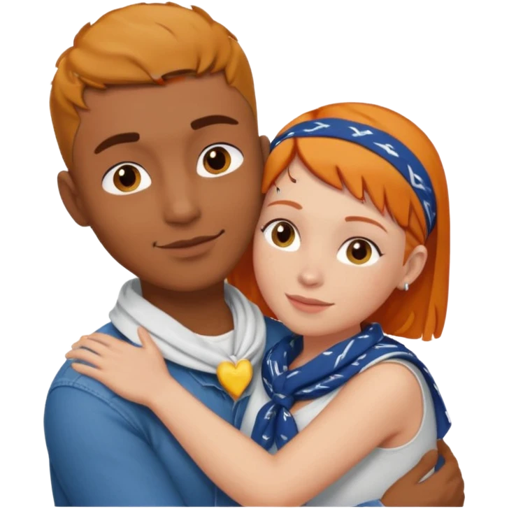 Two people hugging, brown guy with a buzzed cut and bandana, and a white woman with ginger hair emoji