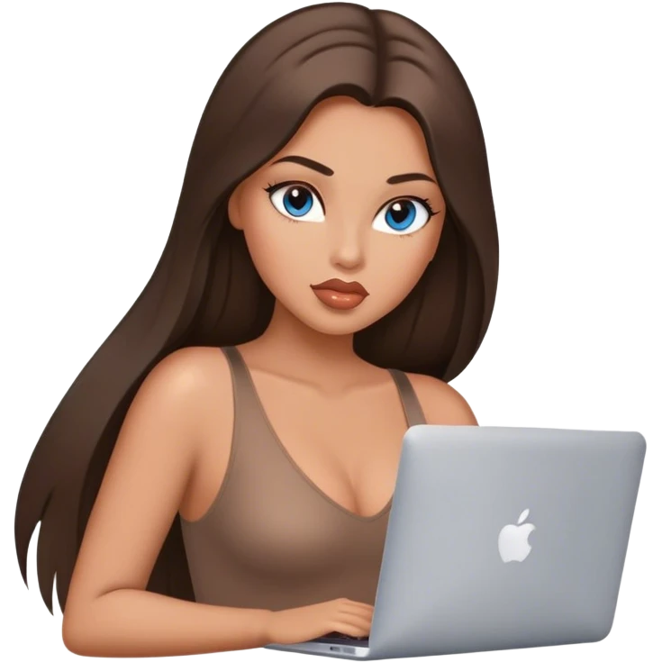 Glamours tanned very beautiful girl with big pump peach lips and dark chocolate straight smooth long hair, blue-grey eyes in brown/beige bodysuit with MacBook emoji