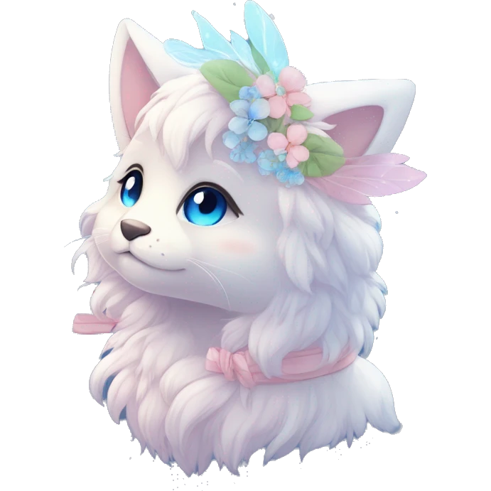 Anthro Cute Cool Blushing Pastel Innocent Shy Kawaii gorgeous sparkly ethereal fantasy anime animal creature with blue eyes furry sona with flowers and ribbons beautiful aesthetic emoji