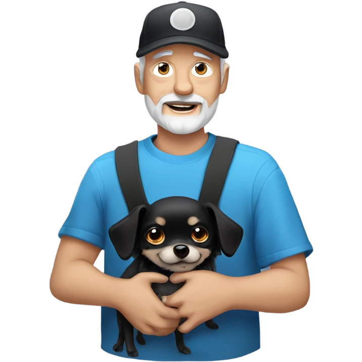 Old man with blue eyes goatee beard ball cap holding cute black Chihuahua with long hair emoji