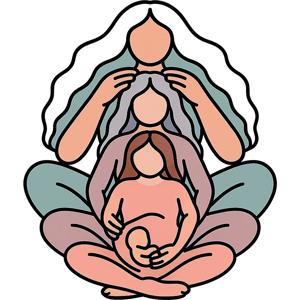 Variant: Several generations of women sitting one behind the other as in the reference, all dressed in flesh-colored bodysuits, Chinese Eastern style, icon-color-outlined style with thin clean contours, soft rounded shapes, pastel palette #98B5BC, #B5B3C1, #C9A3C9, #E4C0CA, #F7DCD1, #F7C0AA, emphasis on shadows and highlights, transparent background, no decoration, less cute. Composition and poses as in the reference. emoji