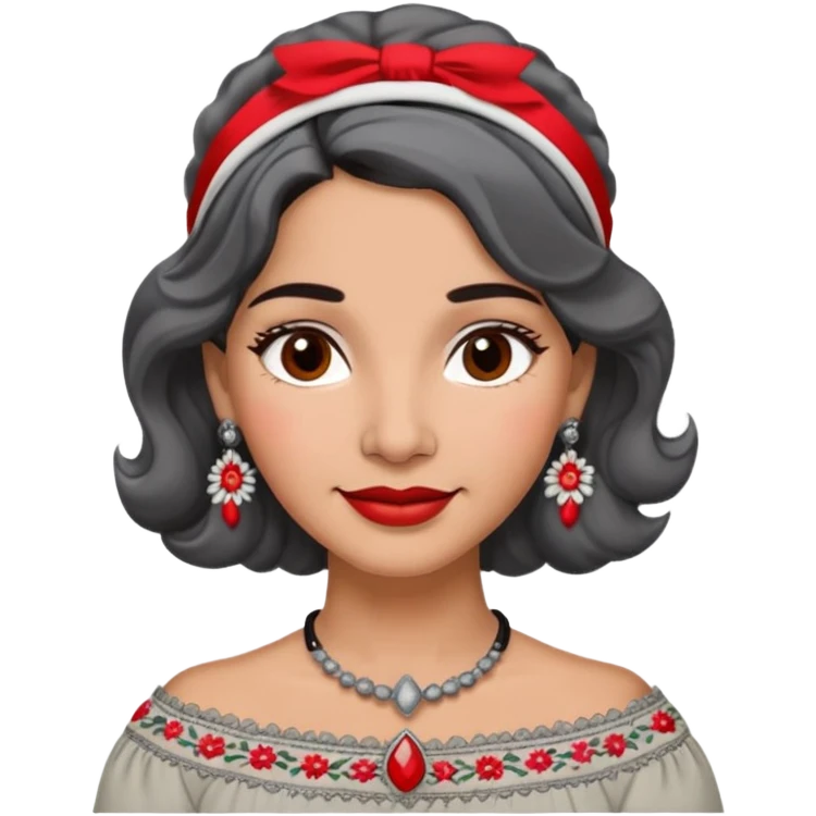 Latina woman, 50s, warm light brown skin, round soft face, wavy black and gray hair, red and white headband, medium eyes, thin eyebrows, gentle smile, gray peasant blouse, decorative embroidery, bare shoulders, large dark necklace emoji