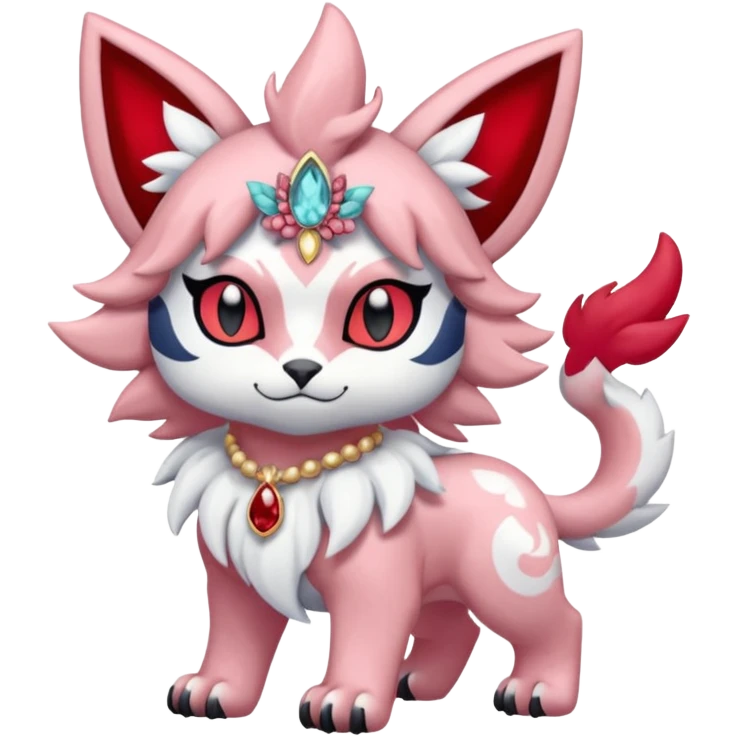 Floral pastel pink and ruby-jewelry-adorned Absol-Litten-Amaura-fusion-Fakemon-animal-creature  emoji