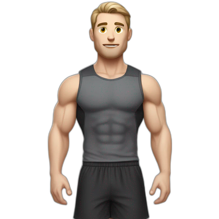Pale skinned Fit Man With the biceps and dark brown hair in black shirt, gray sports shorts and white Sneakers Relies on the crossbar emoji