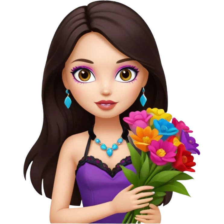 pretty bratz doll with makeup with dark halterneck top, long dark brown hair holding big bouquet of flowers emoji