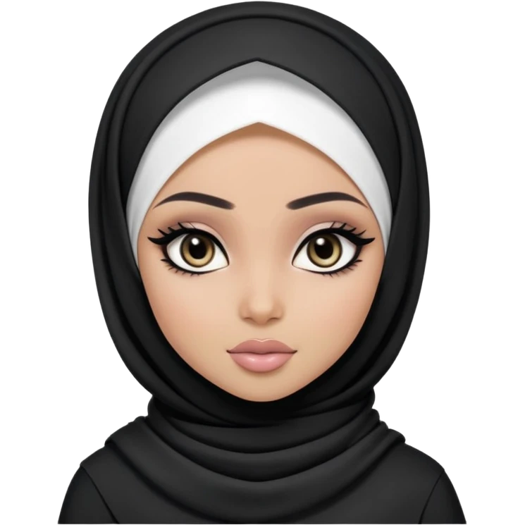 black pretty bratz girl, hijabi, dark black eyes, black eyeliner, pale skin, black clothes emoji