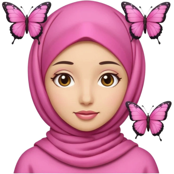 apple style emoji of a girl ASMR content creator, wearing a stylish pink hijab with butterfly hairclips on both sides (left and right), friendly and creative expression emoji