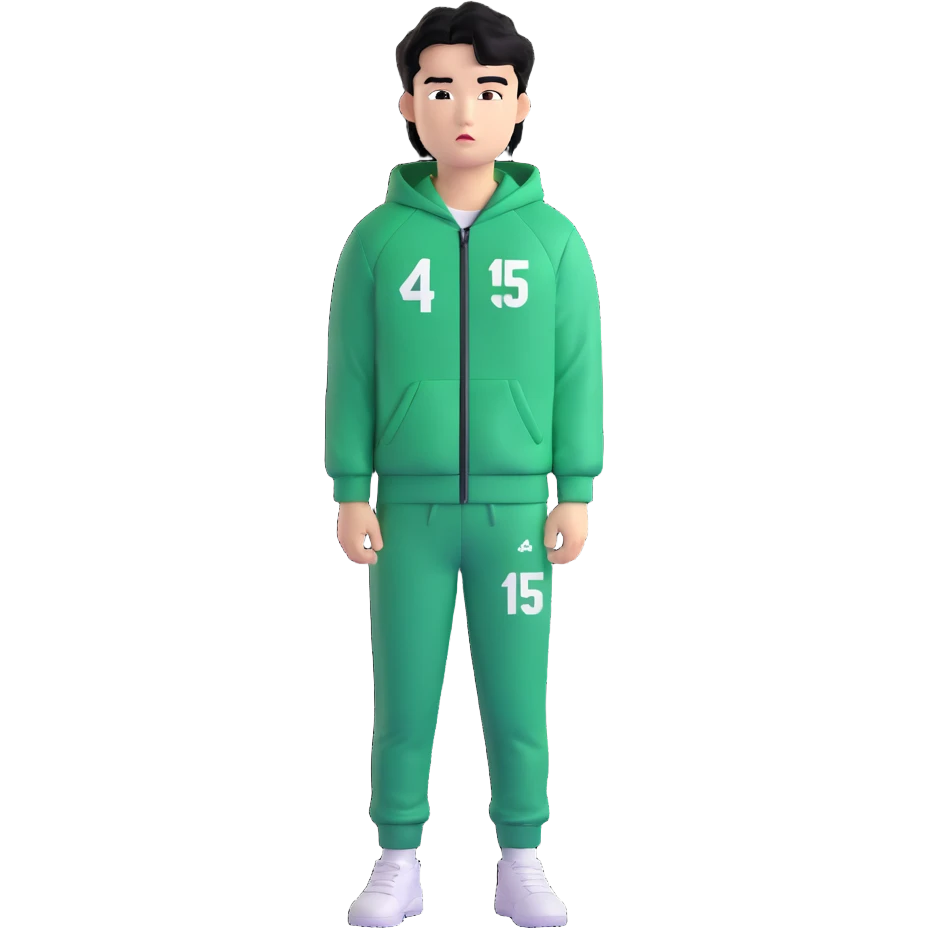 Draw Seong Gi-hun (Player 456), Korean male, messy black hair, green tracksuit with white number 456 printed on chest. emoji