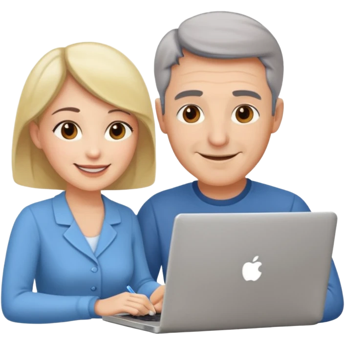 a middle aged man and a womanlooking at laptop and writing and smiling emoji